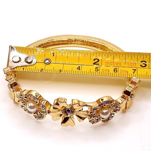 Monet Bracelet Stretchy Floral Gold-Tone Metal Rhinestones Faux Pearls Bangle 7" - Picture 12 of 13